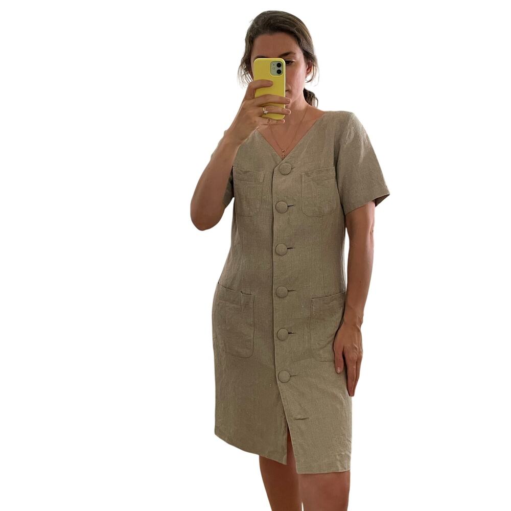 Vintage Linen Structured Button Front V Neck Sheath Dress Size 8